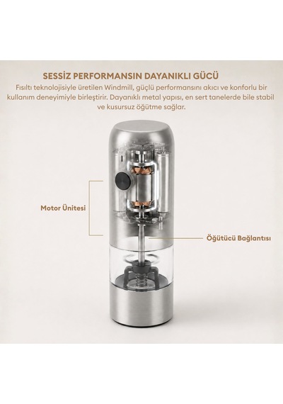 Pizen Windmill Usb Şarjlı Otomatik Baharat Öğütücü Led Işıklı Ayarlanabilir Tuz Karabiber Değirmeni Gümüş
