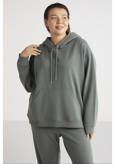 ETHIQUET TEREZABB Kadın Içi Polarlı Yumuşacık Comfort Fit Kapüşonlu Kanguru Cep Yeşil Büyük Beden Sweatshirt