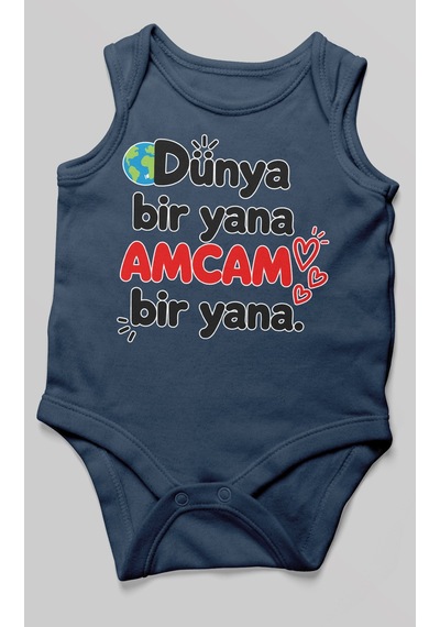 Morivokids Dünya Bir Yana, Amcam Bir Yana Sıfır Kollu Bebek Zıbını %100 Pamuk Lacivert