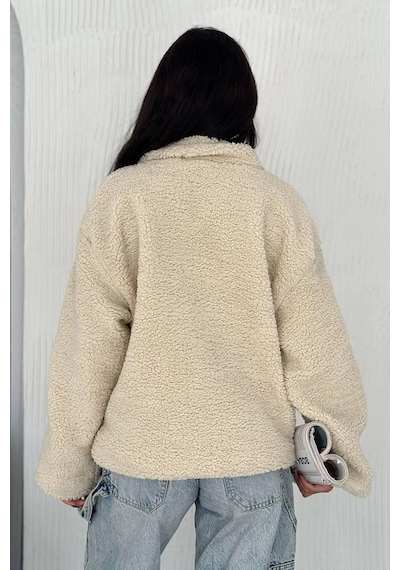 Kadın Fermuarlı Oversize Astarlı Peluş Ceket Yumuşak Dokulu & Konforlu Stil Bej