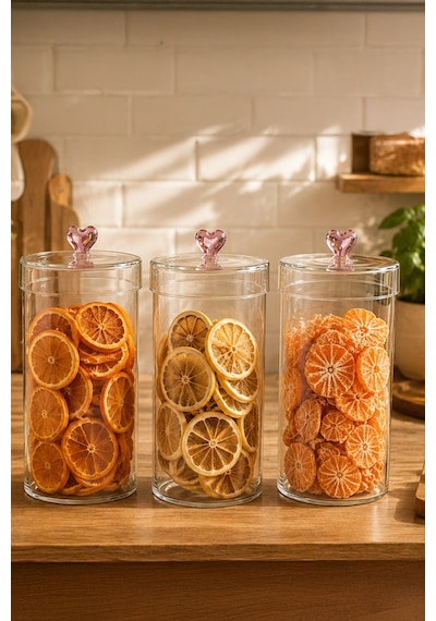 Porsima Hearts 3lü 1150 Ml Borosilikat Cam Kavanoz Seti Saklama Kabı Takımı 10x18cm Şeffaf