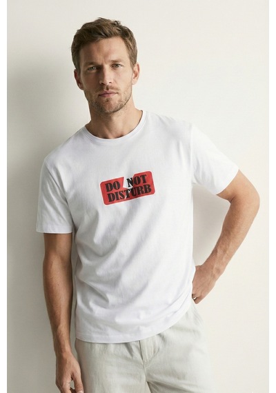 Elemge %100 Pamuk Pijama Üstü T-shirt Süprem Compact Penye Erkek Rahat Kalıp Beyaz Kısa Kol Do Not Disturb