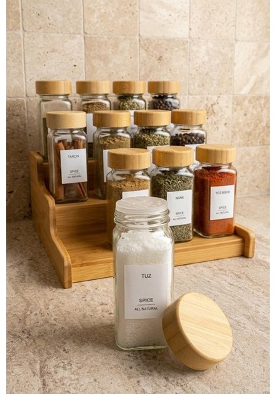 13 Parça Bambu Standlı Baharatlık Seti - 12 Adet 120 Ml Cam Baharat Takımı Diğer