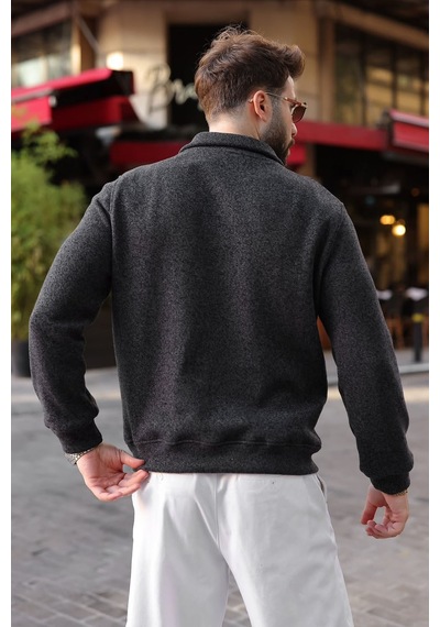 Madmext Siyah Polo Yaka Yarım Fermuarlı Örme Erkek Kazak E7201