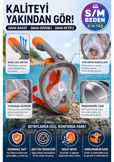 Turuncu Gri Full Face Şnorkel Maske S/m Beden 8-14 Yaş Çocuk Tam Yüz Dalış Seti Katlanabilir