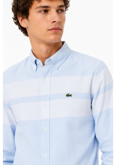 Lacoste Men's Slim Fit Blue Shirt Slim Fit Pamuklu Renk Bloklu Erkek Gömlek Mavi