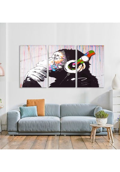 3'lü Set Cam Tablo Kulaklıklı Goril Banksy Pop Art Dekorasyon