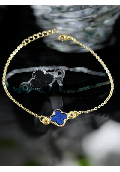 Feron Accessories Gold Renk Minimal Mavi Yonca Bileklik Gold