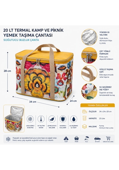 20 Lt Termal Kamp Ve Piknik Yemek Taşıma Çantası, Soğutucu Buzluk Çanta-366 Karışık/Çok Renkli