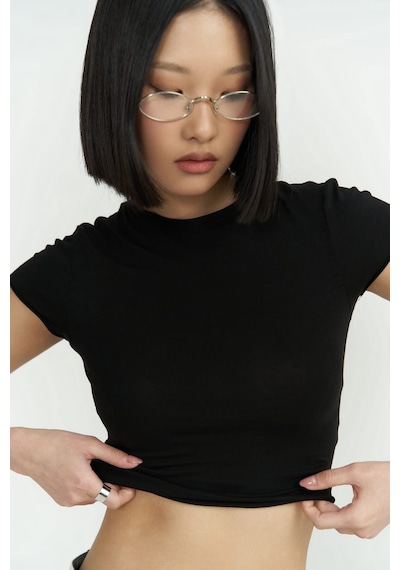 1602 - Mai Collection  Toppin Siyah Penye Crop Siyah