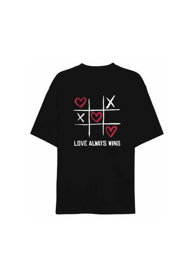 Hazego 14 Şubat Sevgililer Günü Love Always Wins Baskılı Oversize Bisiklet Yaka T-shirt - Siyah