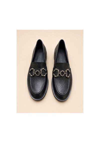 37brandshoes El Yapımı Hakiki Deri Metalik Boncuklu Loafer Siyah Siyah