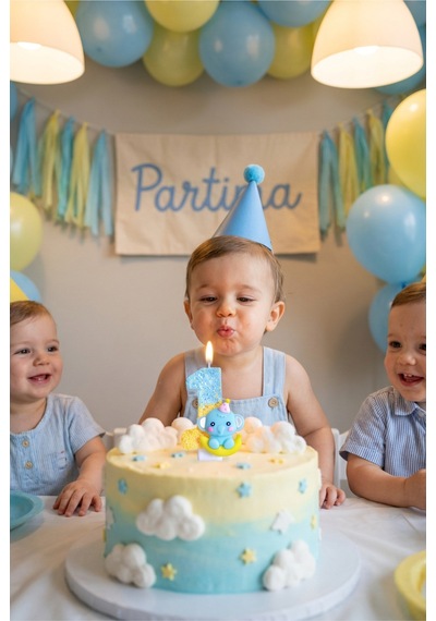 Sevimli Fil Figürlü Mavi-sarı Rakam Mum Doğum Günü Pasta Süsü