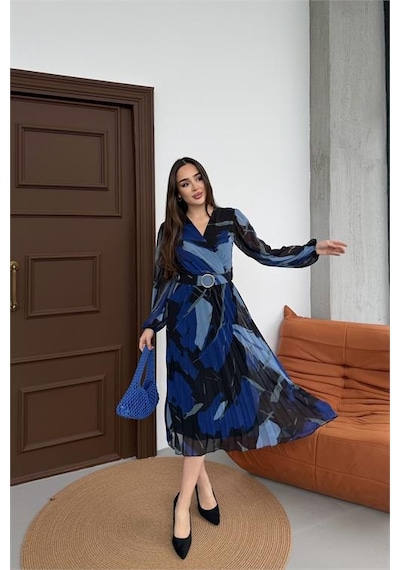 Neşeli Butik Kadın Mavi Beli Kemerli Piliseli Kruvaze Yaka Şifon Elbise Nbelb03 Mavi