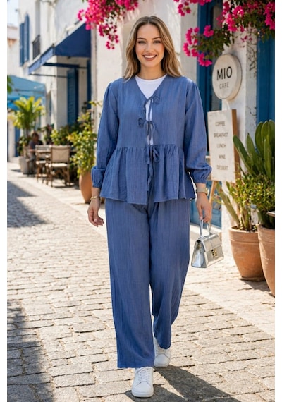 Hb Harma Time Butik Kadın Bağlamalı Çilek Kumaş Mavi Tunik Pantolon İkili Takım Mavi Mavi
