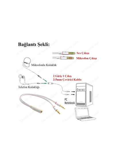 Kulaklık Mikrofon Birleştirici Kablo 3.5Mm Dişi To 2X3.5Mm Erkek