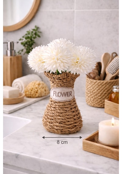 El Yapımı Vintage Tasarım Doğal Hasır Vazo,18 Cm,dekoratif Flower Yazılı Bohem Rattan Saksı,çiçeklik Bej