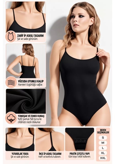 N11 Kadın İp Askılı Çıtçıtlı Body Siyah Esnek Ve Yumuşak Kumaş, Vücuda Uyumlu - Ryl - 2600