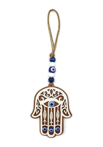 Lazer Kesim Tahta Fatma Eli - Hamsa Duvar Süsü 22x8cm