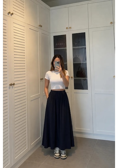 Kadın Lacivert Poplin Kumaş Uzun Etek Beli Lastikli Günlük Maxi Etek 90 Cm