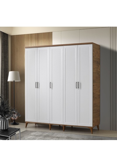GuneyStore Paris 5 Kapaklı Komple MDF Atlantik Çam-Beyaz Gardırop