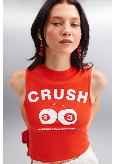 Grımelange AZURA Kadın Baskılı Kısa Kollu Crop Kırmızı T-Shirt