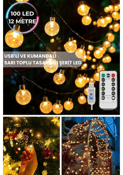 Technosmart 100 Ledli Usbli Kumandalı 8 Modlu Kristal Toplu Işık Parti Süsleme Organizasyon Sarı