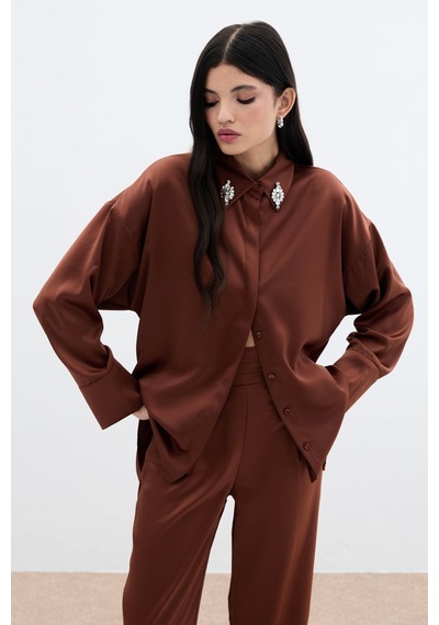 Sateen Aksesuar Detaylı Gömlek - Kahve-135987 Kahve