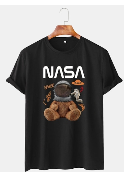 Startmore Unisex Beyaz Nasa Uzaylı Ayıcık Baskılı Bisiklet Yaka Oversize Tişört Siyah