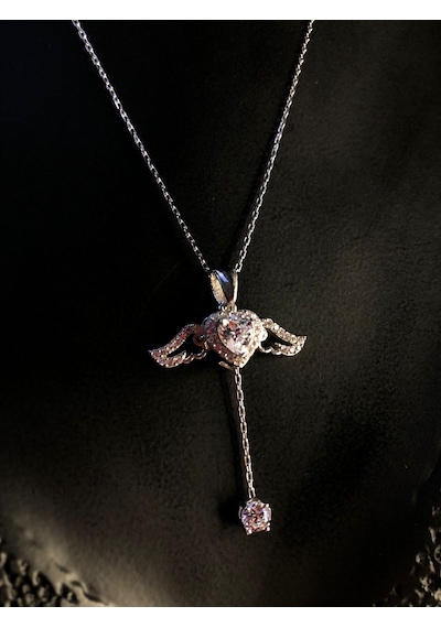 Vog Swarovski Taşlı S Model Kanatlı Beyaz Kalp 925 Gümüş Kolye Gümüş