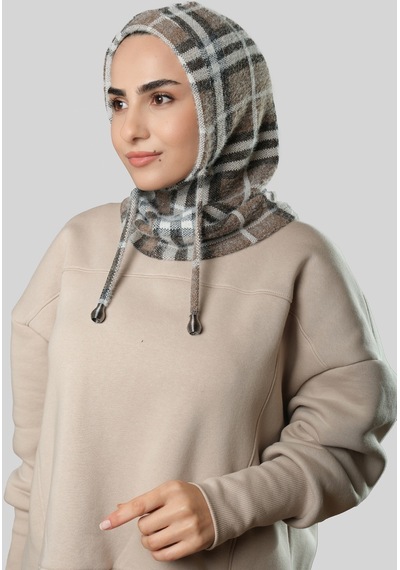 Hürrem Bone Vizon Bağcıklı Balaklava Boyunluklu Bere Jakar Ekoseli 2323 10 Vizon