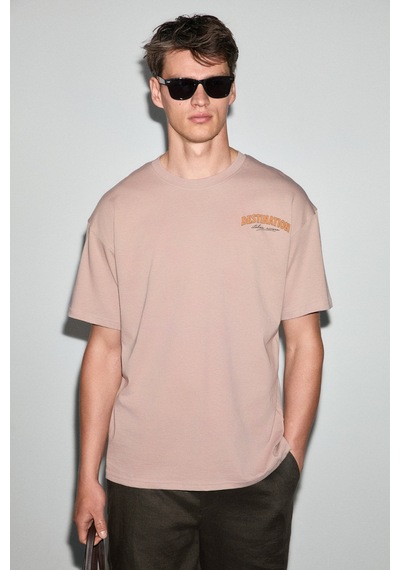Grımelange Espada Erkek %100 Organik Pamuklu Yuvarlak Yakalı Baskı Detaylı Pudra T-shirt