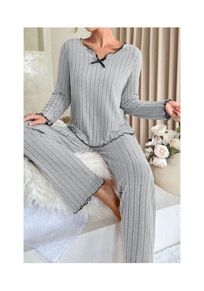 Fantezia Night Kadın Gri Çizgili Uzun Kollu Fiyonk Detaylı Pijama Takımı Rahat Mevsimlik