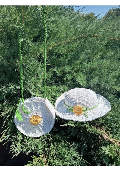 Elmundo Butik Kağıt İp El Yapımı Papatya Şapka Beyaz