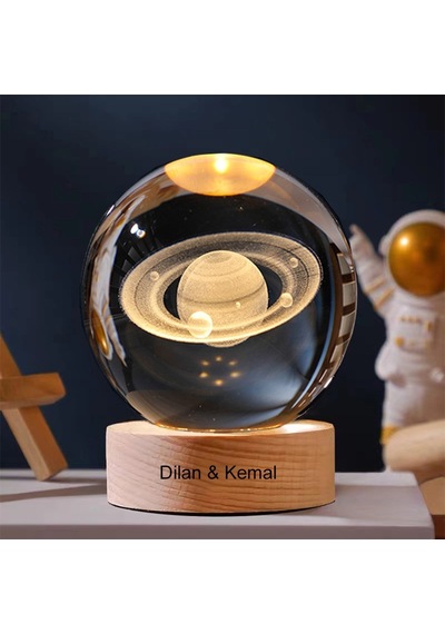 Işıklı Ahşap Kaideli Satürn Cam Küre 8cm 6cm