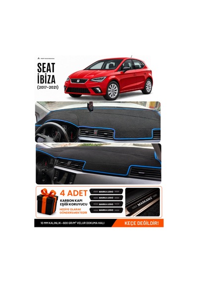Seat Ibıza 2017-2021 Uyumlu Torpido Koruma, Torpido Örtüsü, Torpido Kılıfı - Siyah Mavi