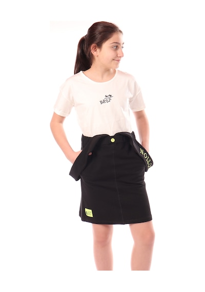 Toontoy Kız Çocuk Bisiklet Yaka Basic T-shirt Ve Askılı Cepli Nakış Baskılı Salopet Elbise - 2'li Takım Siyah