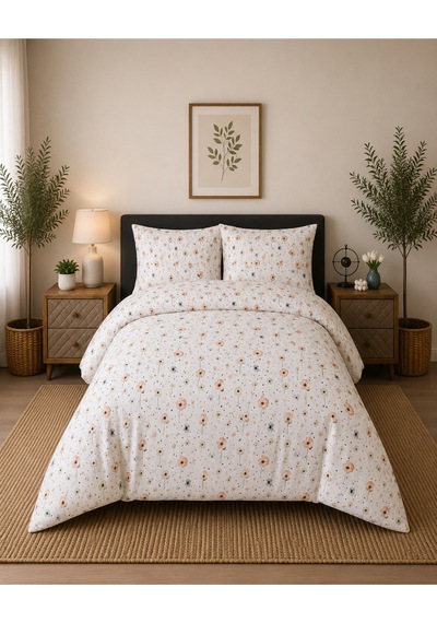 Çift Kişilik Nevresim Takımı %100 Pamuk 200x220 Lastikli Çarşaflı 160x200 Turuncu Mavi 75014770