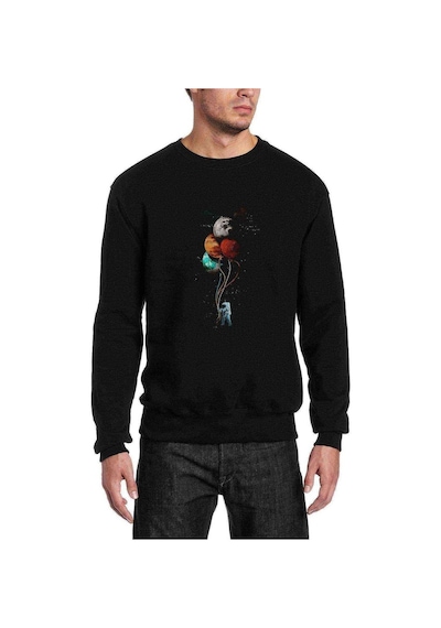 Balonlu Astronot Gezegenler Baskılı Siyah Erkek Sweatshirt