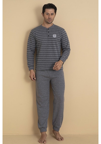 Wordex Falkom 5701 Selanik Kumaş Kışlık Kalın Kumaşlı Erkek Çizgili Pijama Takımı Gri