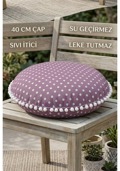 Yuvarlak Minder 40 Cm Çap Dekoratif Puantiyeli Minder Beyaz Ponponlu Leke Tutmaz Su Geçirmez Çok Renkli