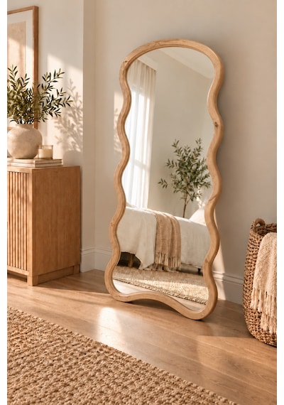 Mirroir Naturel Ahşap Çerçeve Dalgalı Ayaklı Boy Aynası 80x180
