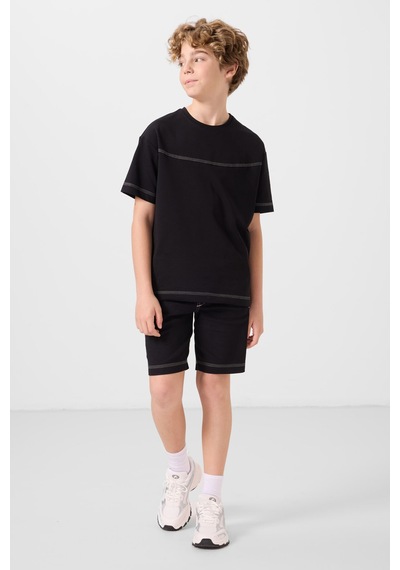 Siyah Pamuklu Oversize Fit Dokuma Hafif Esnek Chino Erkek Çocuk Şort Takım - 11279 Siyah