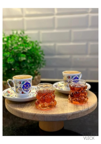 6 Lı Borosilikat Cam Kahve Yanı Su Bardağı Mini Boy Boncuk Desenli Üzüm Model Sunum Bardağı Şeffaf