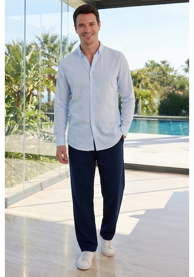 Tudors Erkek Baggy Fit Geniş Kesim %100 Pamuk Beli Lastikli Yandan Cepli Müslin Lacivert Düz Pantolon-46261