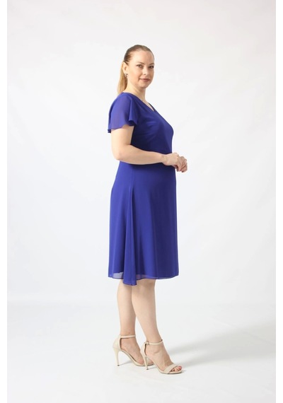 Moda Berray 3297 Saks Kolu Fırfırlı Bele Oturan Astarlı Şifon Elbise Saks Saks Mavi