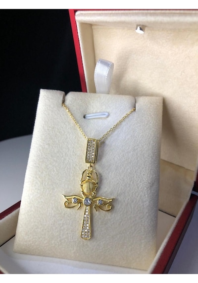 Ankh Mısır Scarab 925 Gümüş Kadın Kolye - Sevgiliye Eşe Anneye Arkadaşa Hediye Kolye