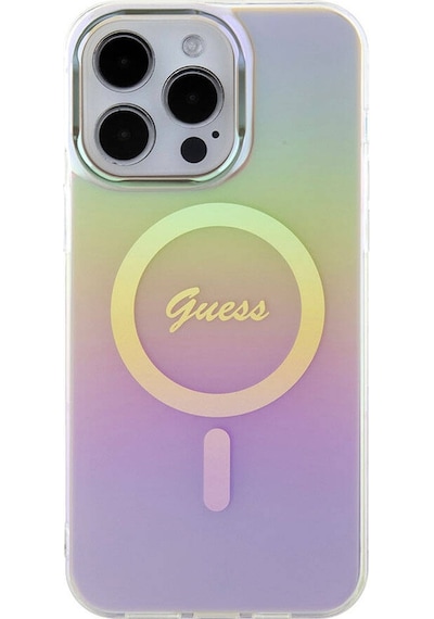 Apple Uyumlu iPhone 15 Pro Max Kılıf Guess Lisans Magsafe Şarj Özellik Yazı Logo Iridescent Siyah
