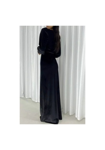 Lior Design Kadın Vintage Kadife Kumaş Kare Yaka Yırtmaçlı Abiye Elbise Siyah