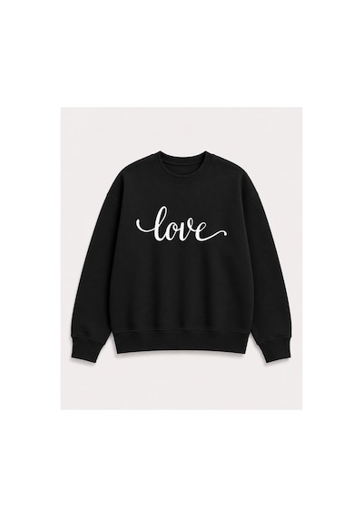 Herkesemoda Love Yazı Baskı Detaylı Şardonlu 2 İplik Bisiklet Yaka Sweatshirt Siyah